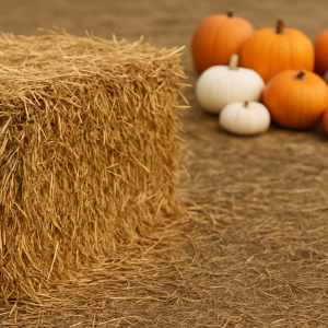 Hay bale placed outdoors with mini orange, white, and green pumpkins on top