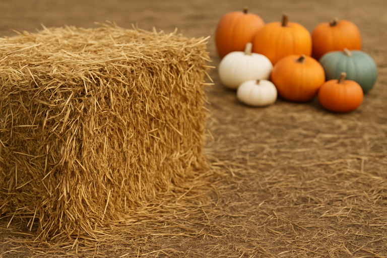 Hay bale placed outdoors with mini orange, white, and green pumpkins on top